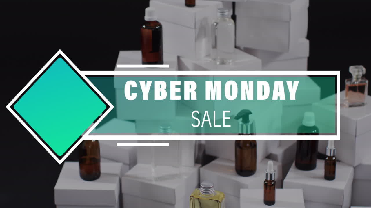 Animation of cyber monday sale text over boxes and beauty products