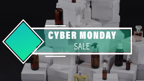 animación de venta de texto de cyber monday sobre cajas y productos de belleza