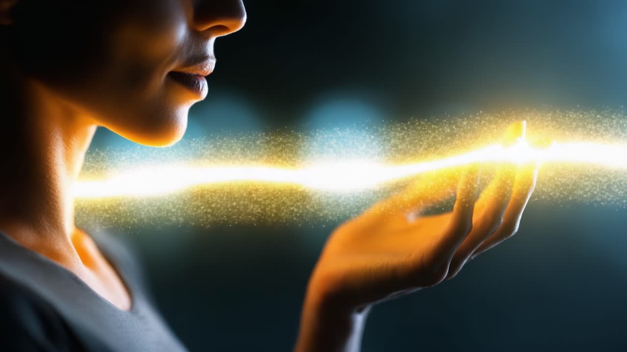 Una donna interagisce con una linea di energia luminosa, dimostrando un legame affascinante tra la sua mano e la forza luminosa in un'ambientazione eterea e visivamente straordinaria