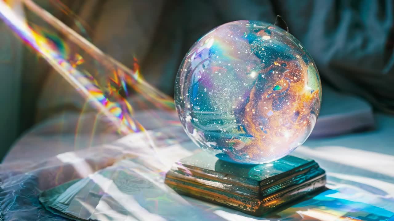 A mystical crystal ball on books with cosmic visuals, captured in a close-up angle