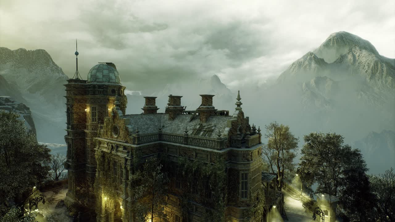 Serene mountain fortress with luminous windows in foggy surroundings