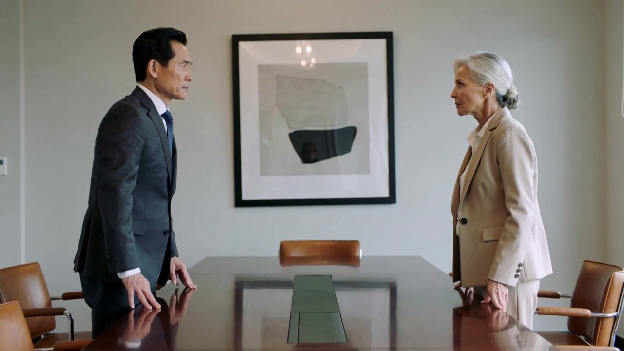 Leaning man in suit and woman in beige suit confronting at conference table with dispute escalating