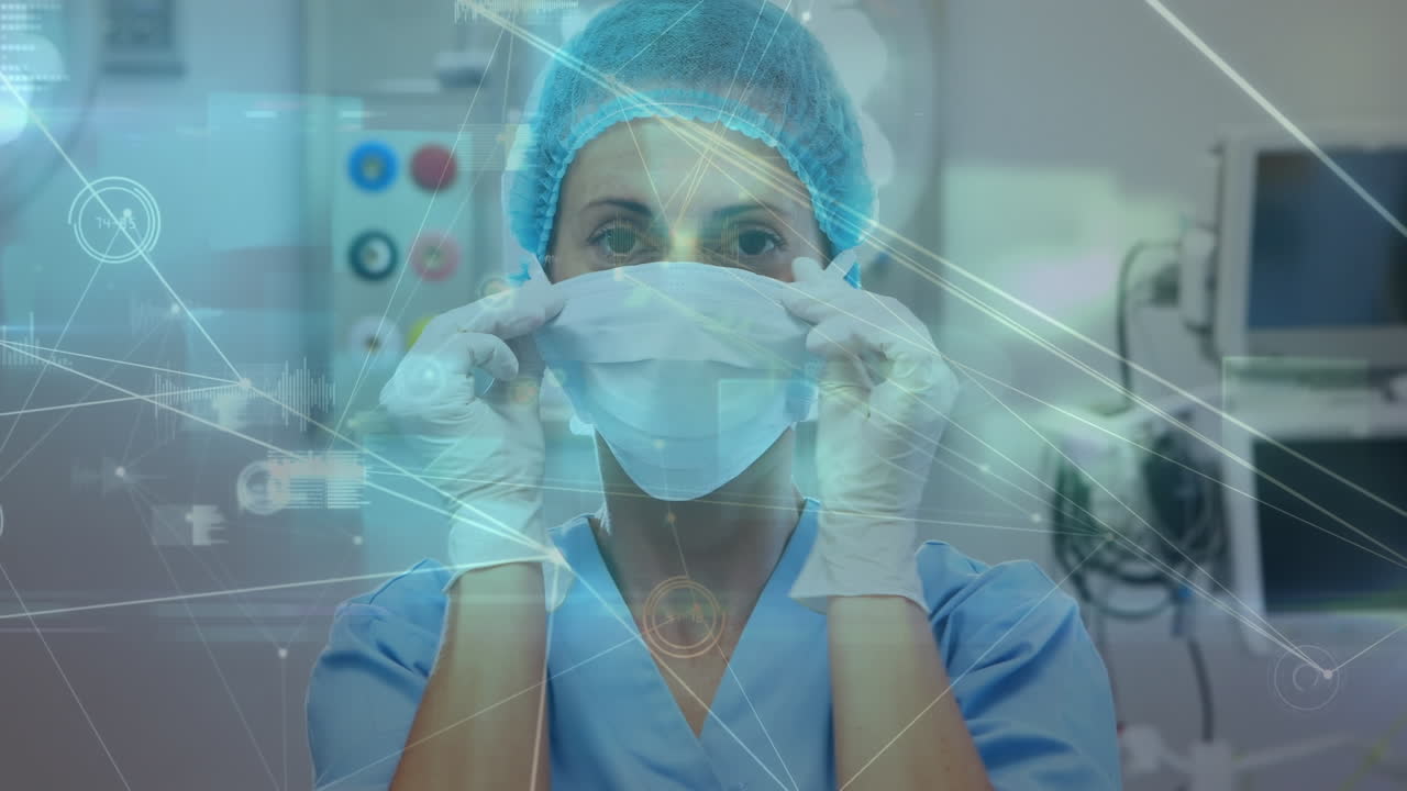 Animação de rede de conexões sobreposta a uma cirurgiã caucasiana em sala de cirurgia