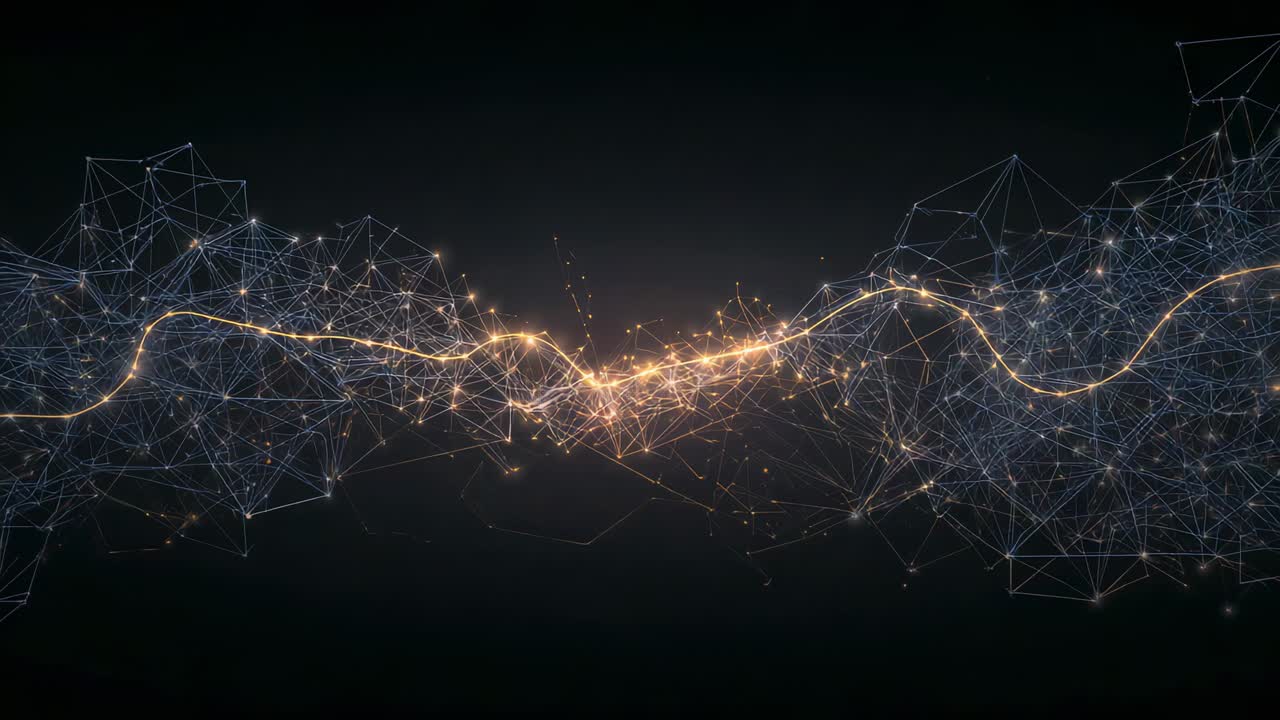 Pulsing golden waveform linking meshes brightening, emitting sparks in network, showing data flow