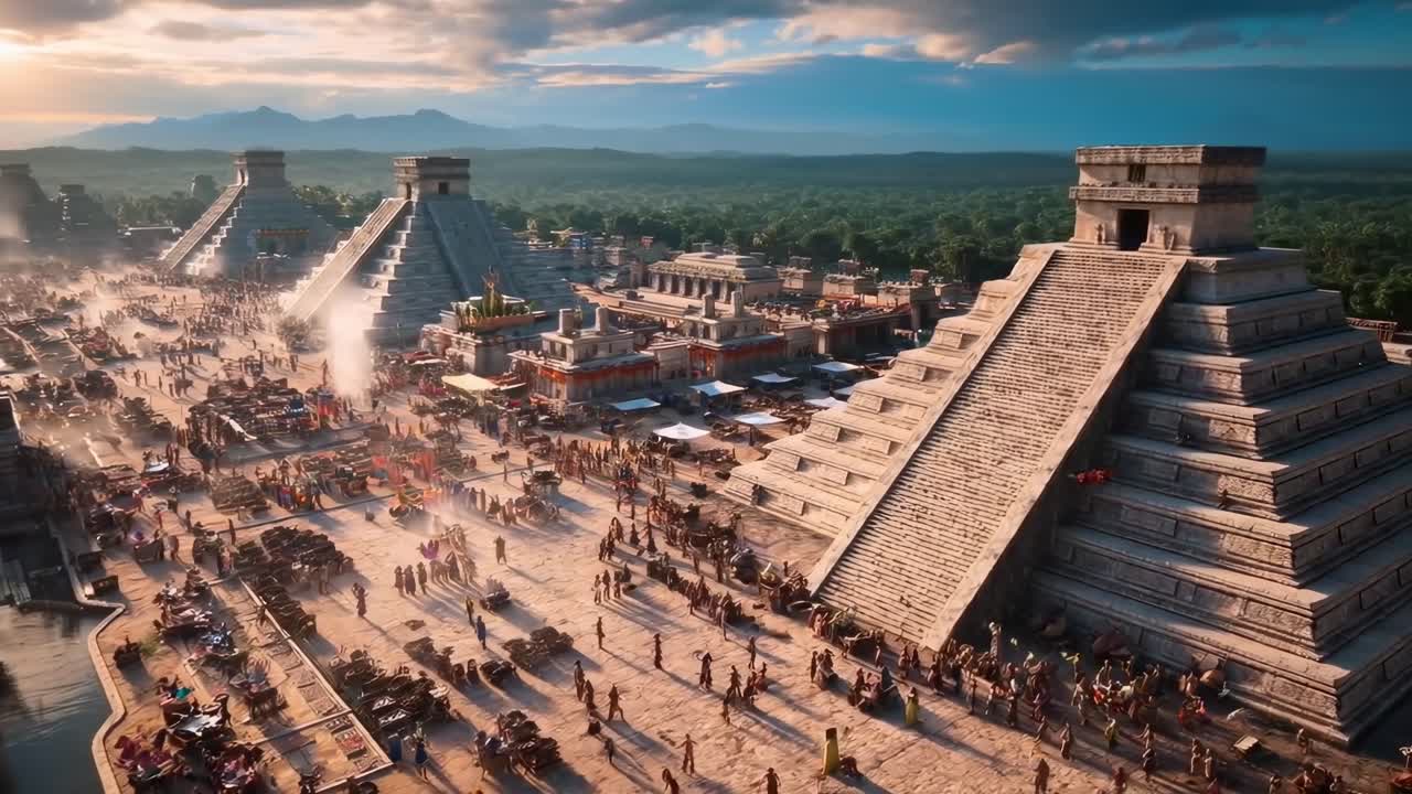 Vista aerea di una città antica brulicante di attività, ripresa in stile video cinematografico.