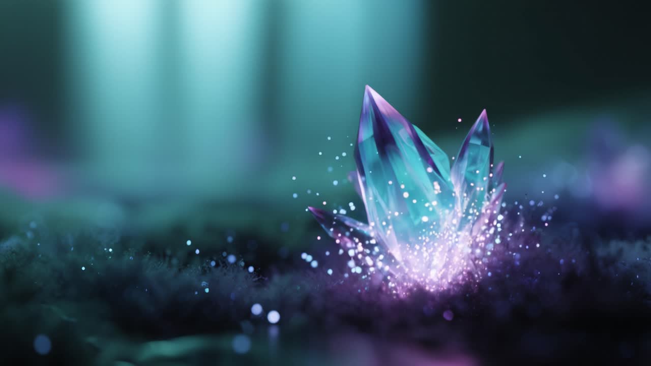 Glittering Crystals Emerge from a Mystic Landscape Glowing with Magical Light and Vibrant Colors, Adding a Touch of Enchantment to the Scene