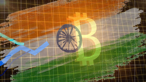 animation of bitcoin symbol flowing and blue lines over flag of india in background