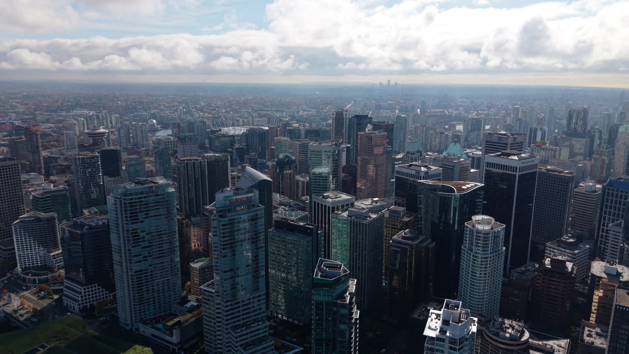Aerial Tracking Over Downtown Vancouver Skyline on Partly Cloudy Day