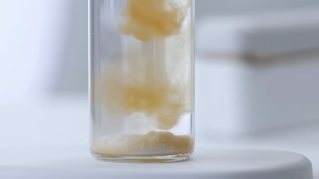Un recipiente trasparente mostra un fluido dorato che si disperde verso il basso e si raccoglie gradualmente sul fondo, con un'illuminazione soffusa che rivela il vetro trasparente, la superficie liscia e una composizione in stile laboratorio calma.