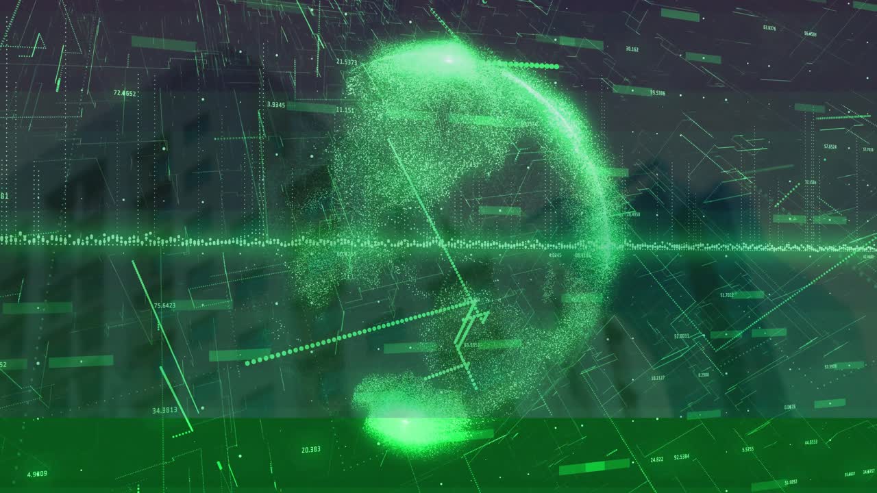 Diagonal streams streaking in, particle globe forming and pulsing, waveform showing digital earth