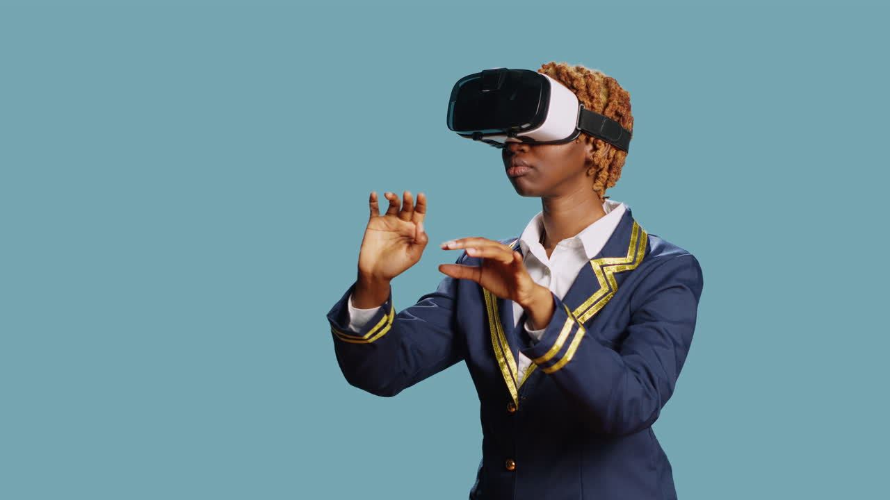Female aircrew member using virtual reality goggles