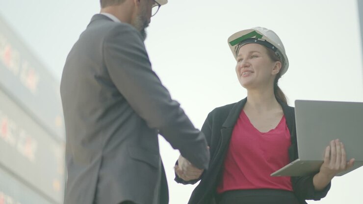 Male executive or investor and logistics owner business or manager woman talking and agreement business plan of transport cargo to do and handshake congratulations for working together.at container loading yard.