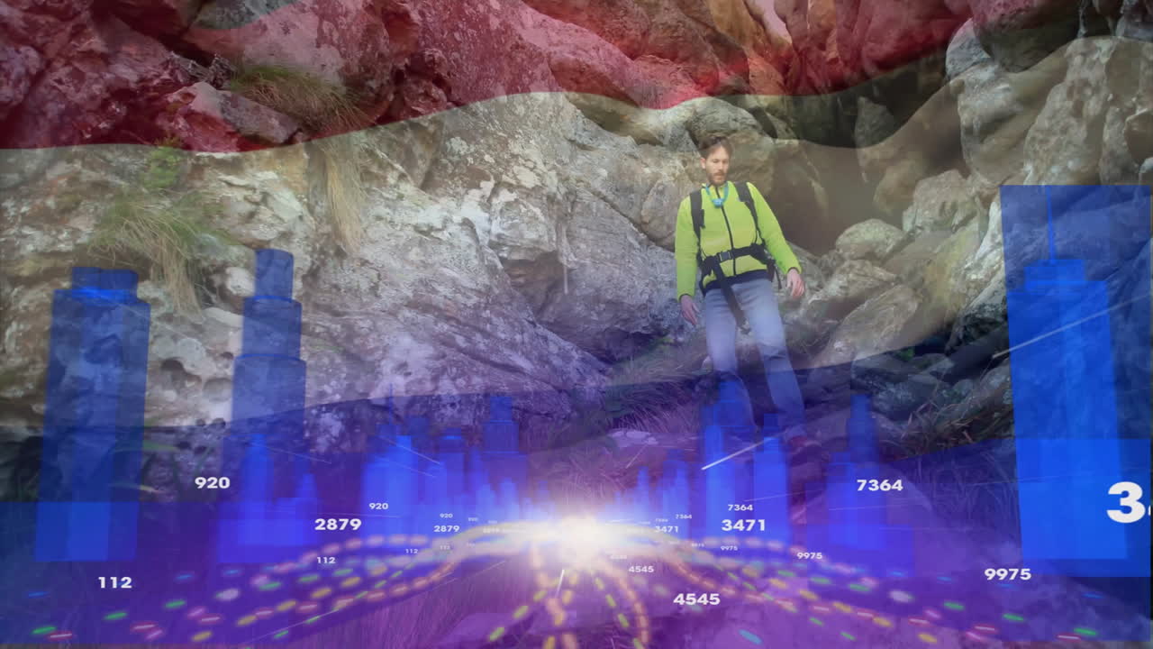 Rock climber scaling cliff overlaid with digital data and cityscape animation