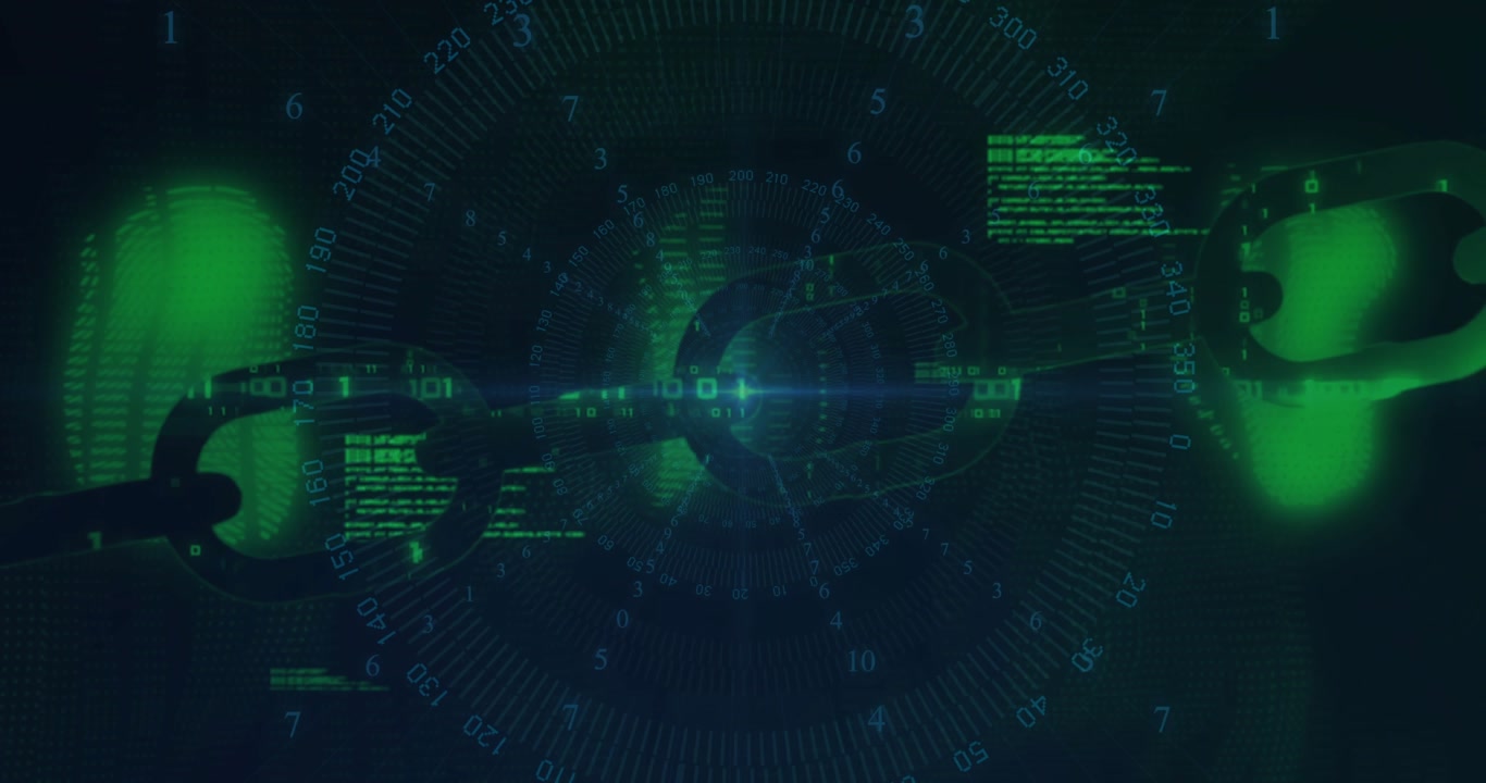 Starting chain rotating over grid, streaming binary ending with cascading digits visualizing flow