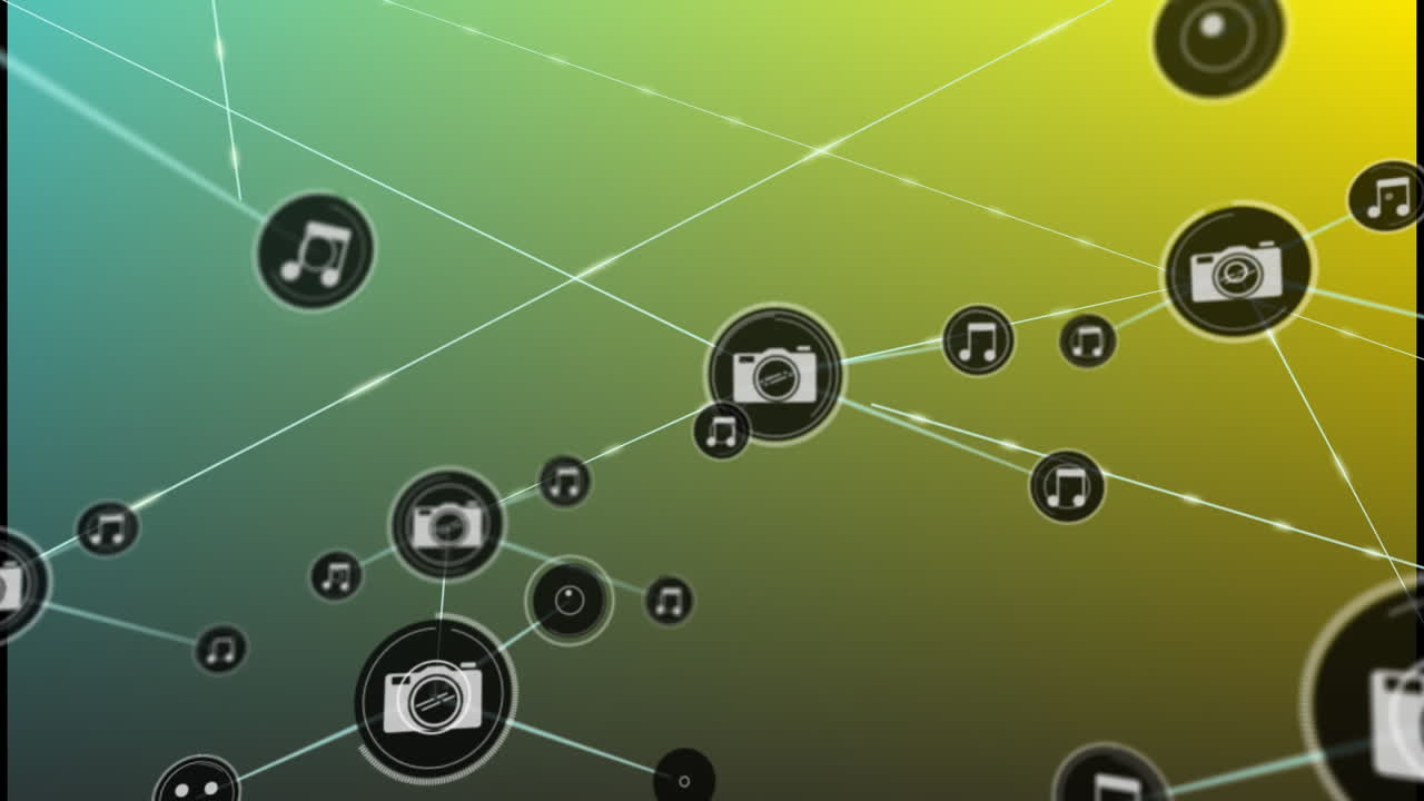 animación de una red de iconos digitales contra un fondo de gradiente verde y amarillo.