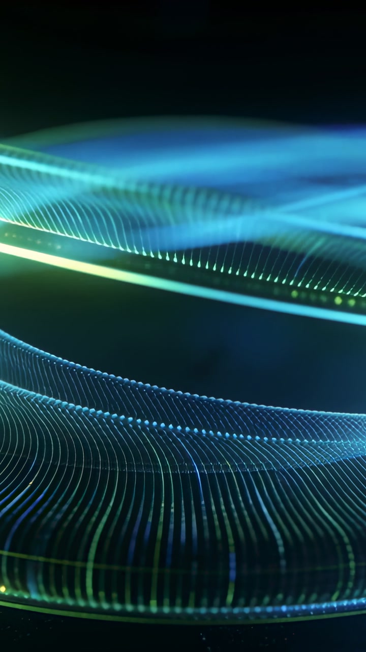 Vertical video: Undulating ribbons shifting in black void, streak sparking dots forming spiral