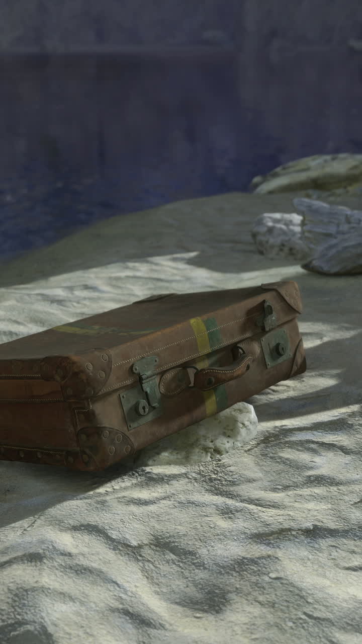Old wooden suitcase rests on sandy shore near calm water under twilight sky
