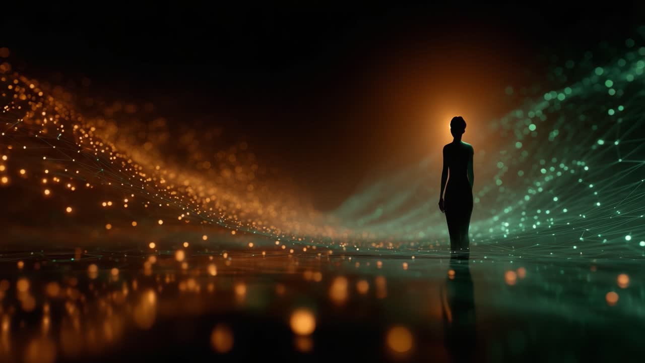 A captivating silhouette of a figure against a backdrop of vibrant, glowing particles, creating a stunning blend of light and color in an abstract digital landscape