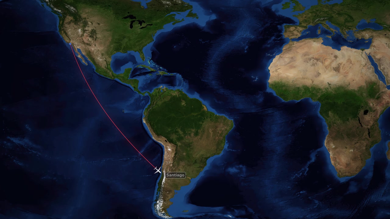 Animated World Map Showing Flight Path from Los Angeles to Santiago
