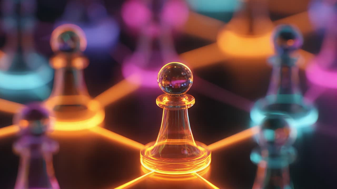 Colorful Chess Pawns on a Vibrant Game Board Interconnected by Glowing Lines Representing Strategy and Competition in a Digital Realm