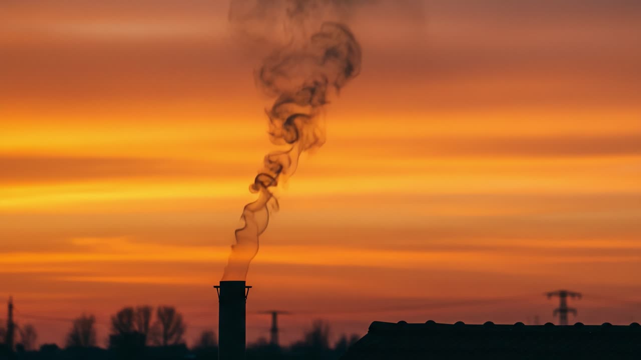 A Serene Sunset Scene Featuring a Smoke Stack Silhouetted Against a Vibrant Sky, Capturing the Beauty of Natural Colors and Industrial Elements at Dusk