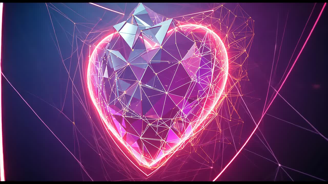 Fade-in starting neon pink lowpoly heart shield forming, rotating on dark backdrop with nodes