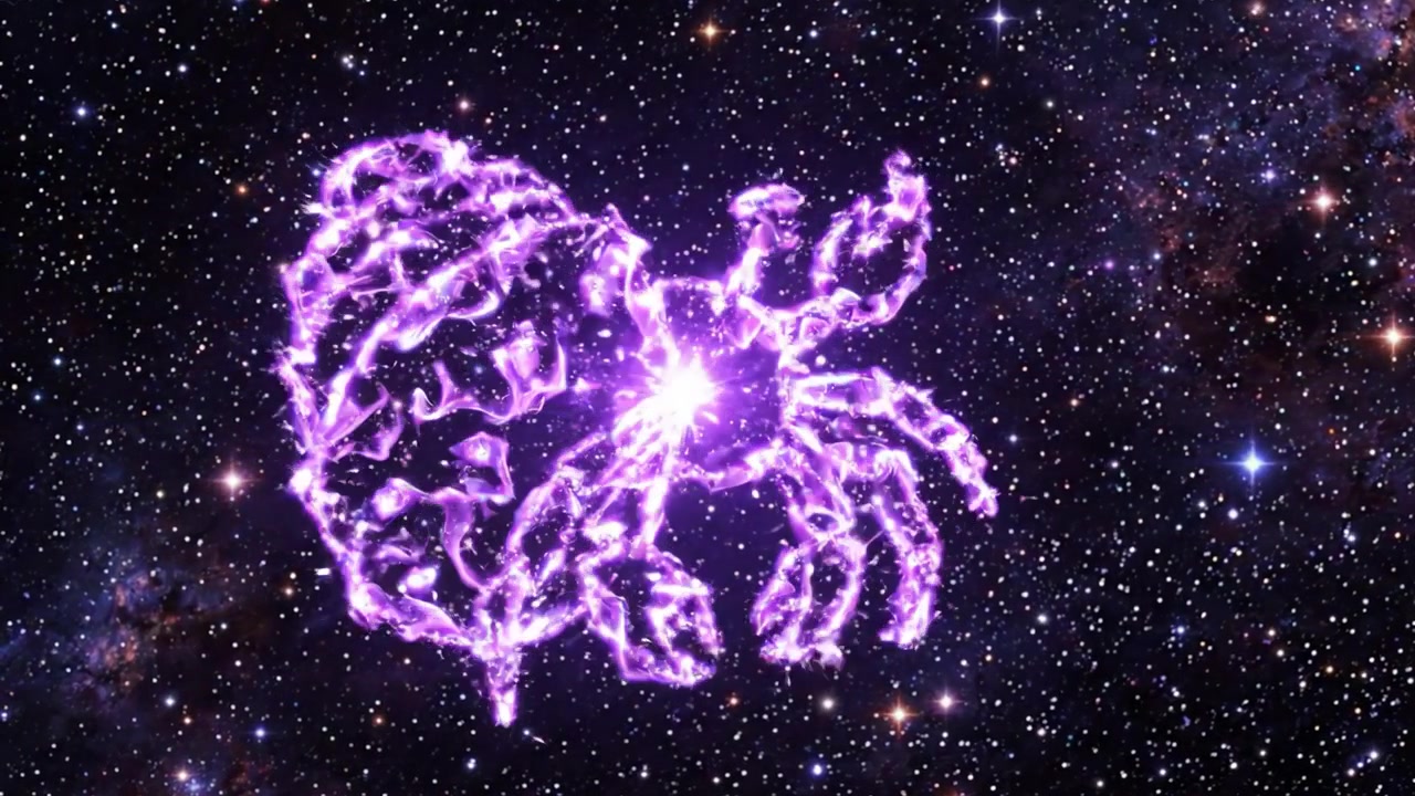 Una danza cosmica ipnotizzante: forme di energia eteree viola emergono e si fondono in una splendida entità galattica in mezzo alla distesa stellata dello spazio profondo