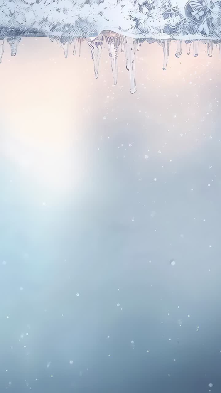 Vertical video: Drifting flakes passing beneath icicle line at roof eave in light snow, peach glow