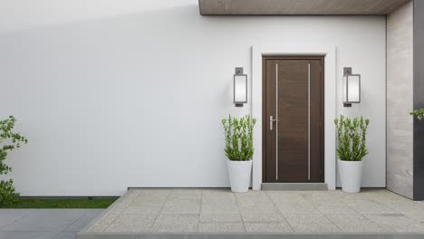 new house with wooden door and empty white wall.