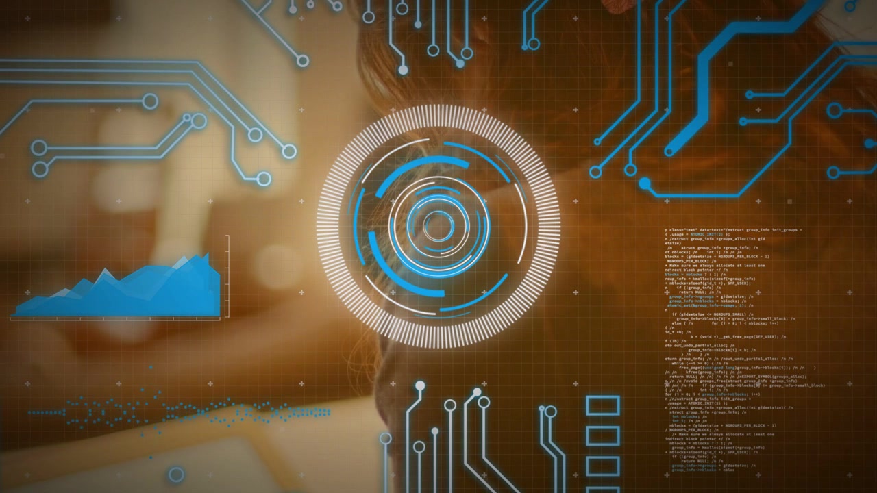 Woman tapping tablet and swiping screen, animating HUD and showing blue chart for tech analysis