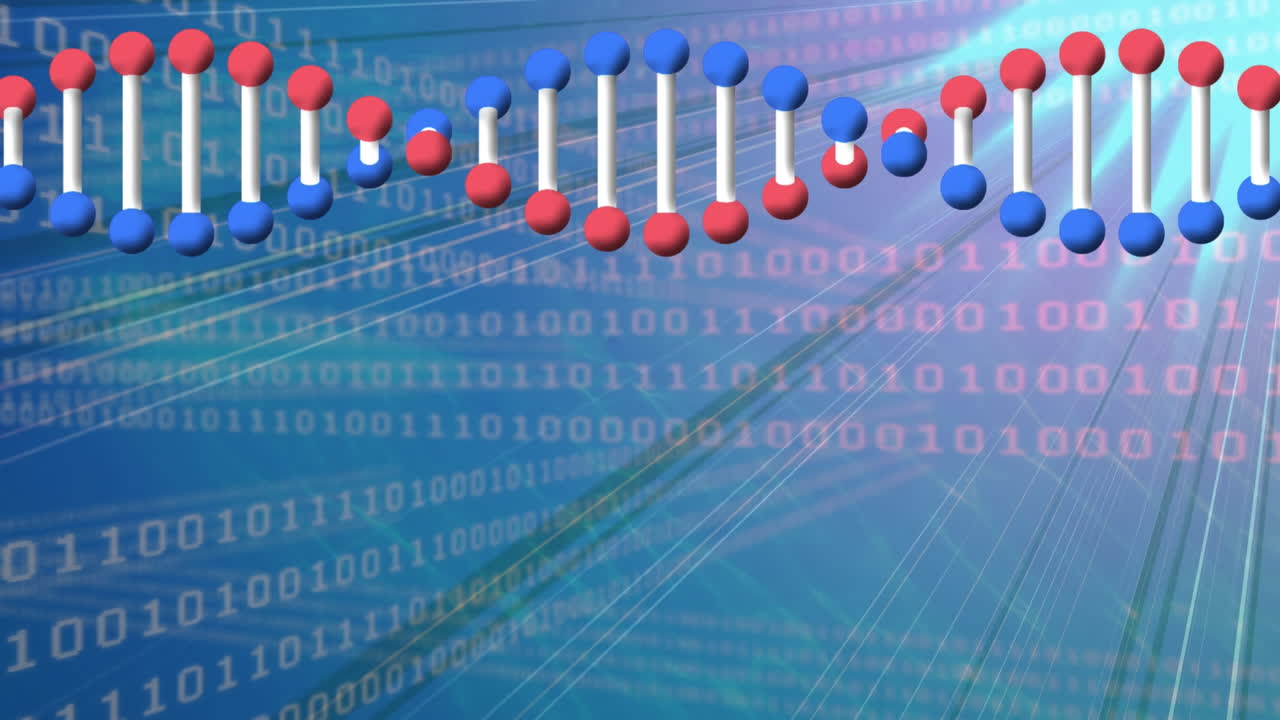 파란색 배경에 있는 dna 가닥과 이진 코딩의 애니메이션