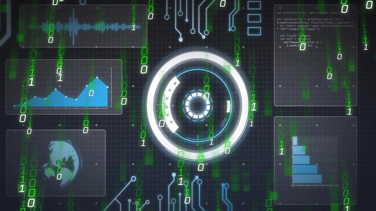 Digital circuit board and binary code animation over futuristic interface