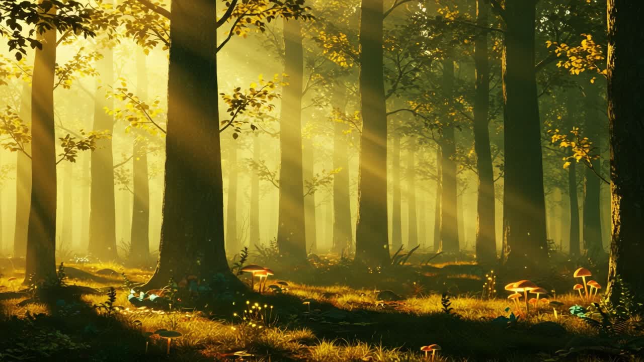 A Serene Forest Scene Bathed in Golden Light, Showcasing Lush Trees, Vibrant Mushrooms, and Dappled Sunbeams Filtering Through the Leaves