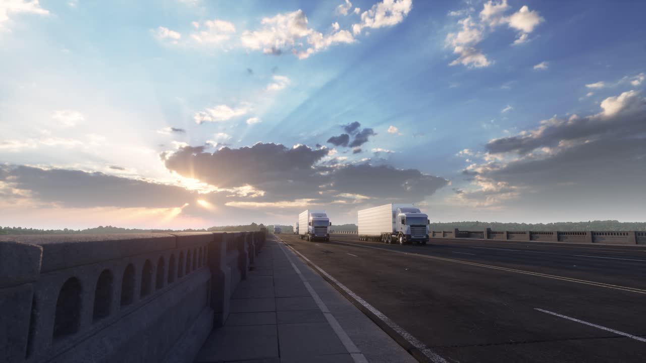 夕暮れ時の高速道路を走る白いセミトラックの車列