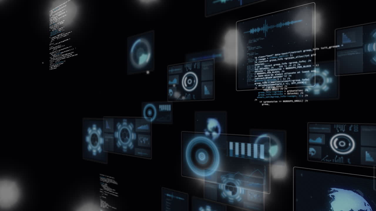 Animation of spots of light floating over round scanners and data processing on black background
