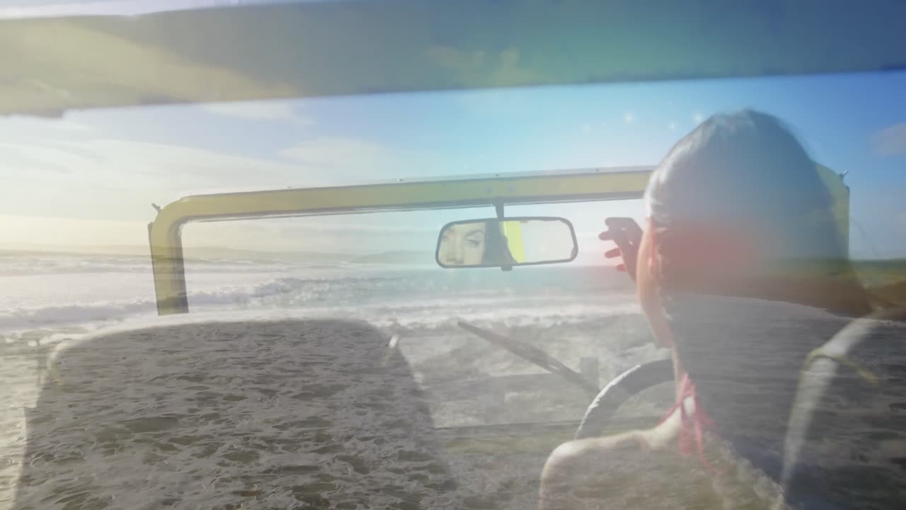 해변에서 보살을 받는 백인 여성에 대한 점들의 애니메이션