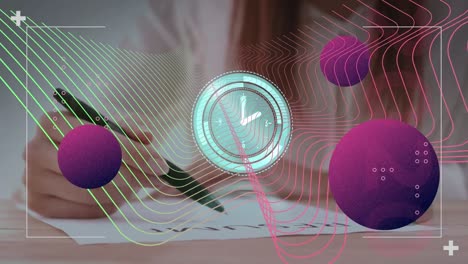 Animation-of-clock-and-molecules-over-studding-woman