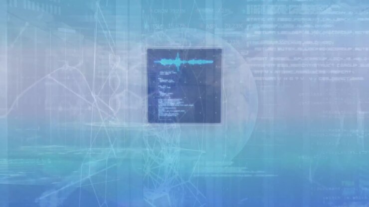Animation of graphs, map, circles and computer language over globe against abstract background