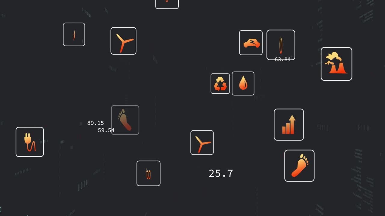 Floating orange-gradient energy icons moving across dark UI, showing numeric data and grid