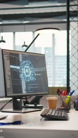 vertical video empty startup office with neural networks program running on pc
