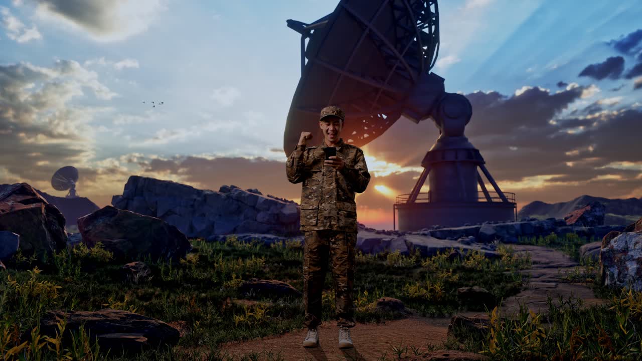 Full Body Of Asian Man Soldier Looking At Smartphone Then Screaming Goal Celebrating While Standing With Satellite Dish