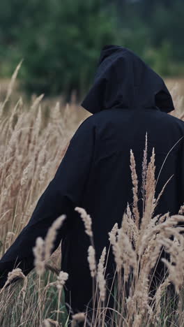 scary witch evil outdoors. back view on scary ghost in black robe and hood on head turning horrorful face to camera. demon of death on the ripe wheat field. mystery concept. vertical video