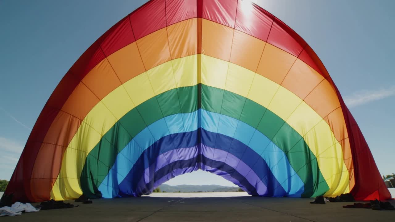 La tensione del telo arcobaleno cambia, increspandosi sull'asfalto, con pesi che lo ancorano, incorniciando l'orizzonte aeronautico.