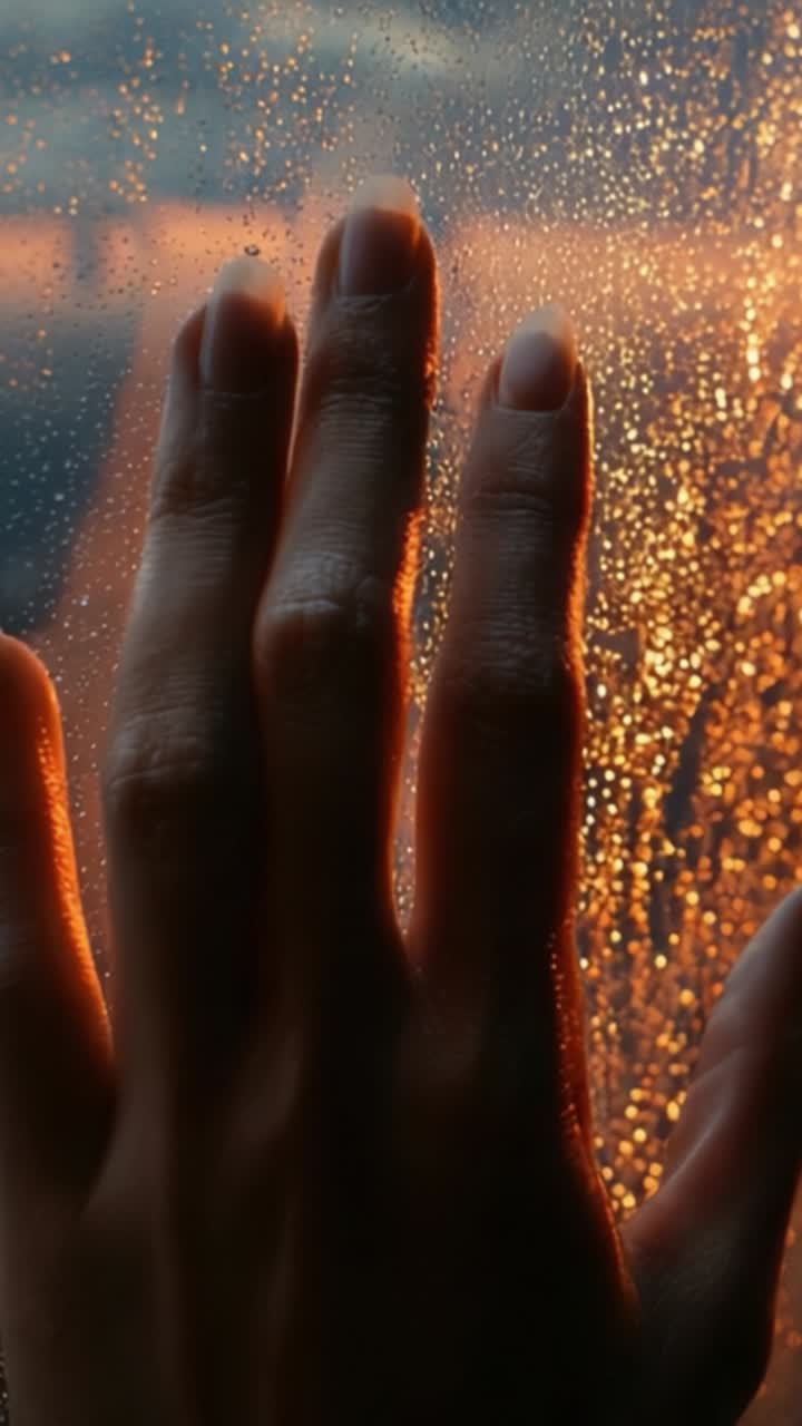 Un'immagine cinematografica di una mano umana delicatamente premuta contro una finestra appannata, che riflette la calda luce serale mentre il sole tramonta attraverso le gocce di pioggia sul vetro