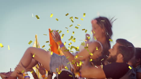 animation of gold confetti falling over people having fun at summer music festival
