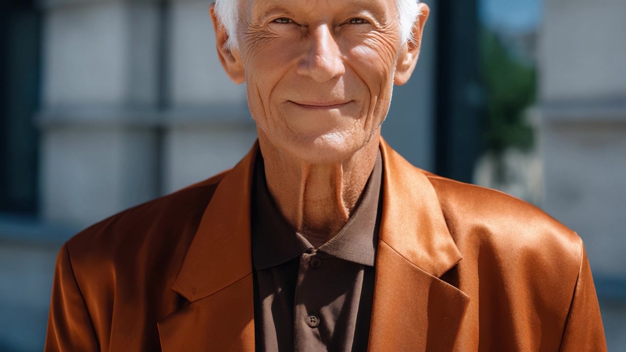 Um senhor idoso distinto em um elegante terno marrom exala confiança e charme enquanto sorri para a câmera em um dia ensolarado em um cenário urbano.