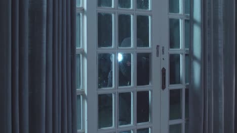 intruder peeking through glass door at night