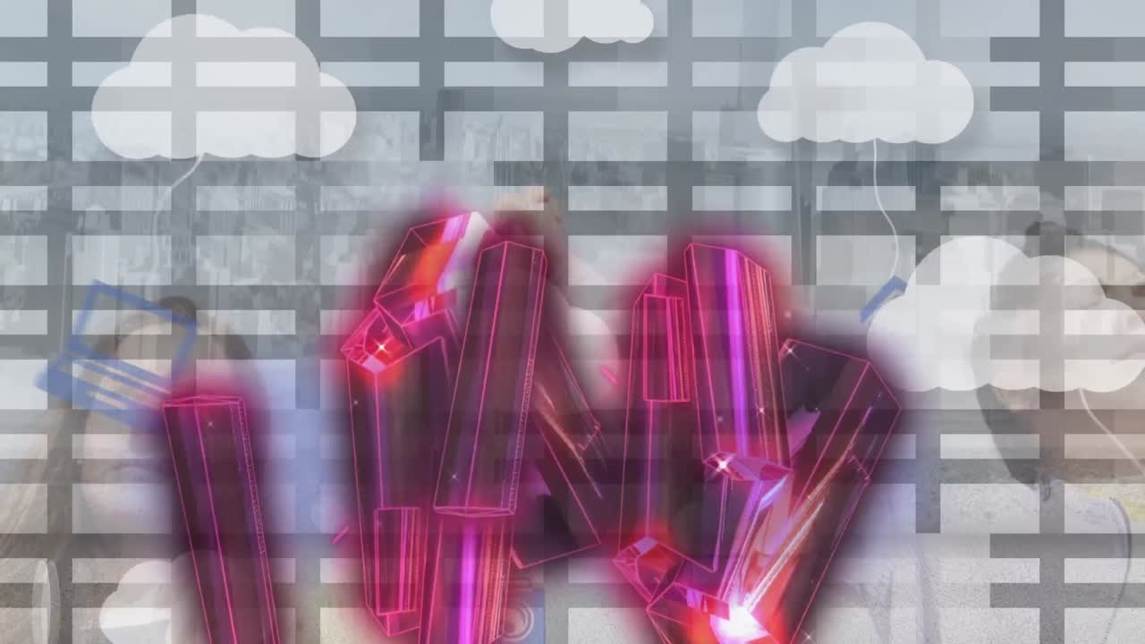 animación de bloques púrpuras que giran sobre nubes e iconos digitales