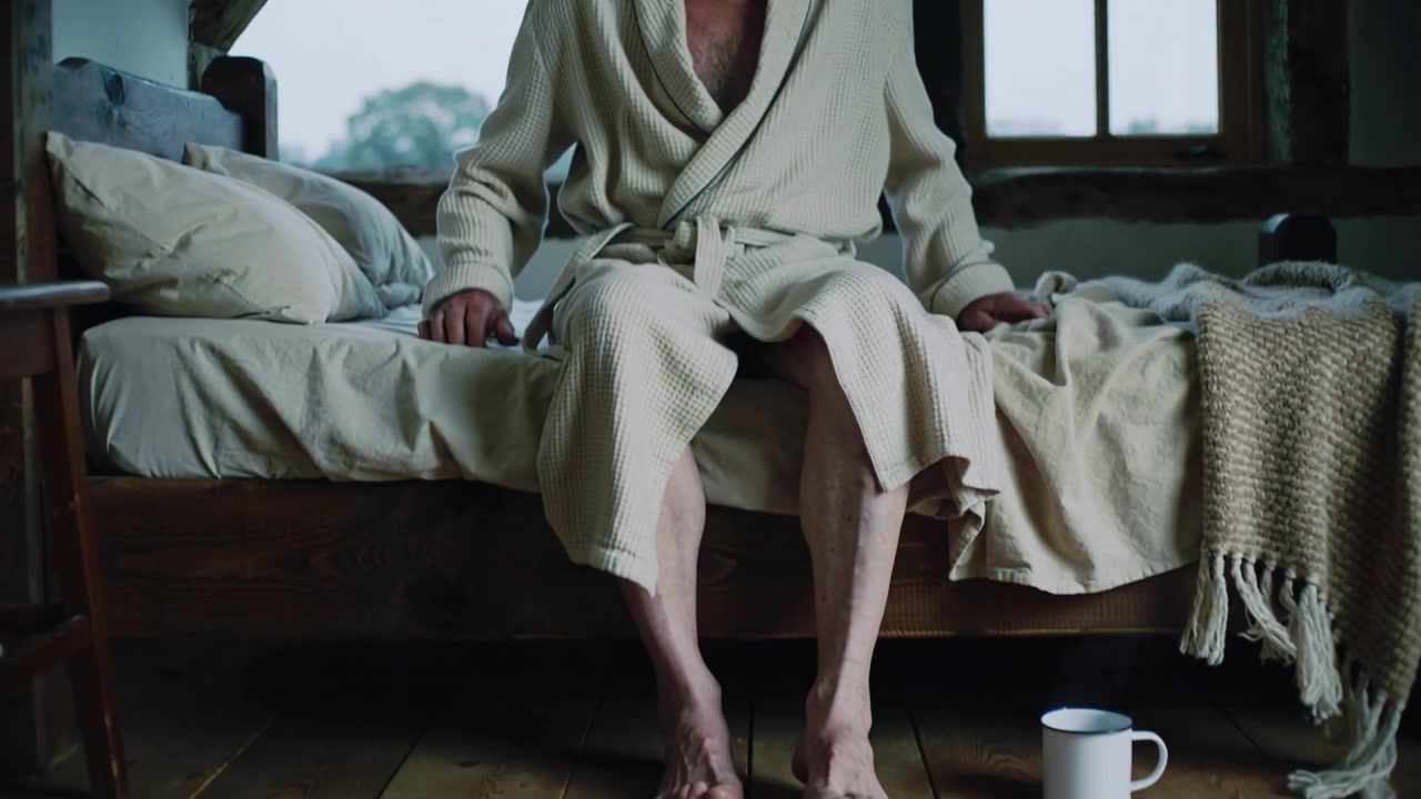 Morning light waking senior man in bathrobe, sitting on attic bed, placing feet by enamel mug