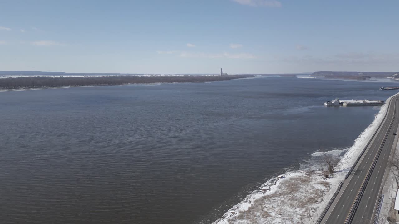 Mississippi River On Great River Road in winter, aerial drone